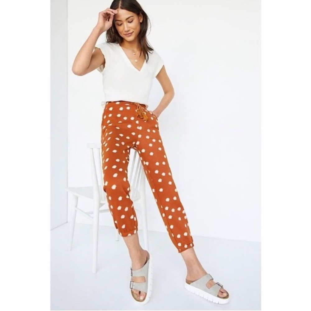 NWT Anthropologie Daily Practice Joggers Sz Small Polka Dot Tassel Brown Cream